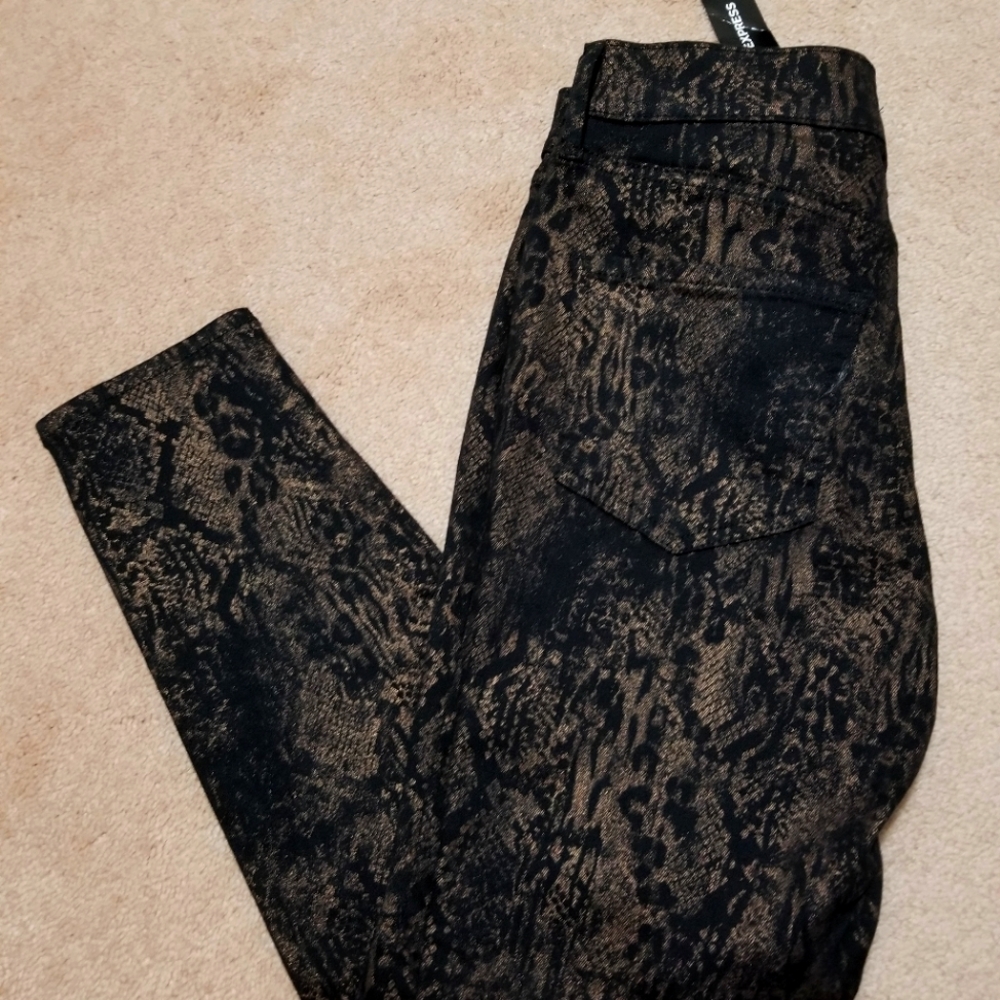 Express Mid Rise Gold Foil Snakeskin Skinny Jeans